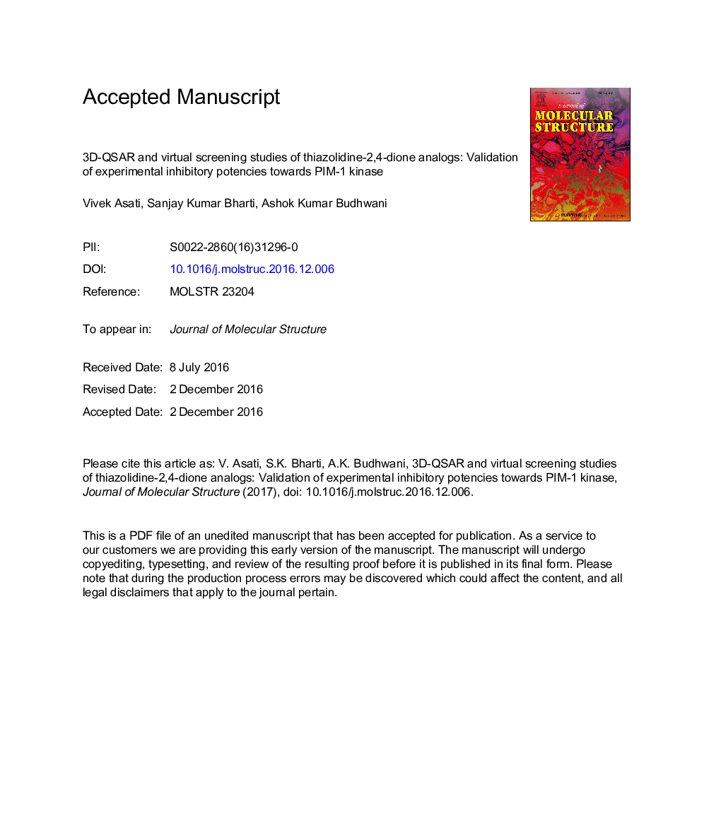 عکس صفحه اول مقاله: 3D-QSAR and virtual screening studies of thiazolidine-2,4-dione analogs: Validation of experimental inhibitory potencies towards PIM-1 kinase 3D-QSAR and virtual screening studies of thiazolidine-2,4-dione analogs: Validation of experimental inhibitory potencies towards PIM-1 kinase