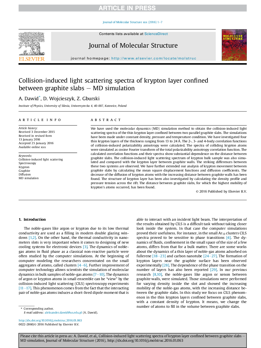 Collision-induced light scattering spectra of krypton layer confined between graphite slabs - MD simulation