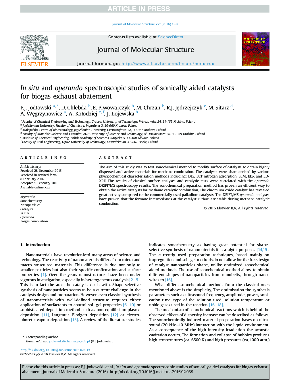 In situ and operando spectroscopic studies of sonically aided catalysts for biogas exhaust abatement