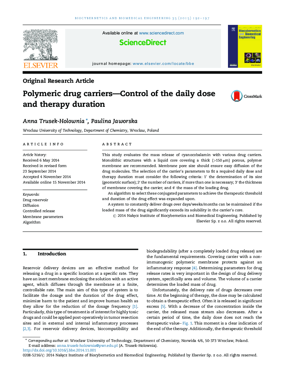 Polymeric drug carriers—Control of the daily dose and therapy duration