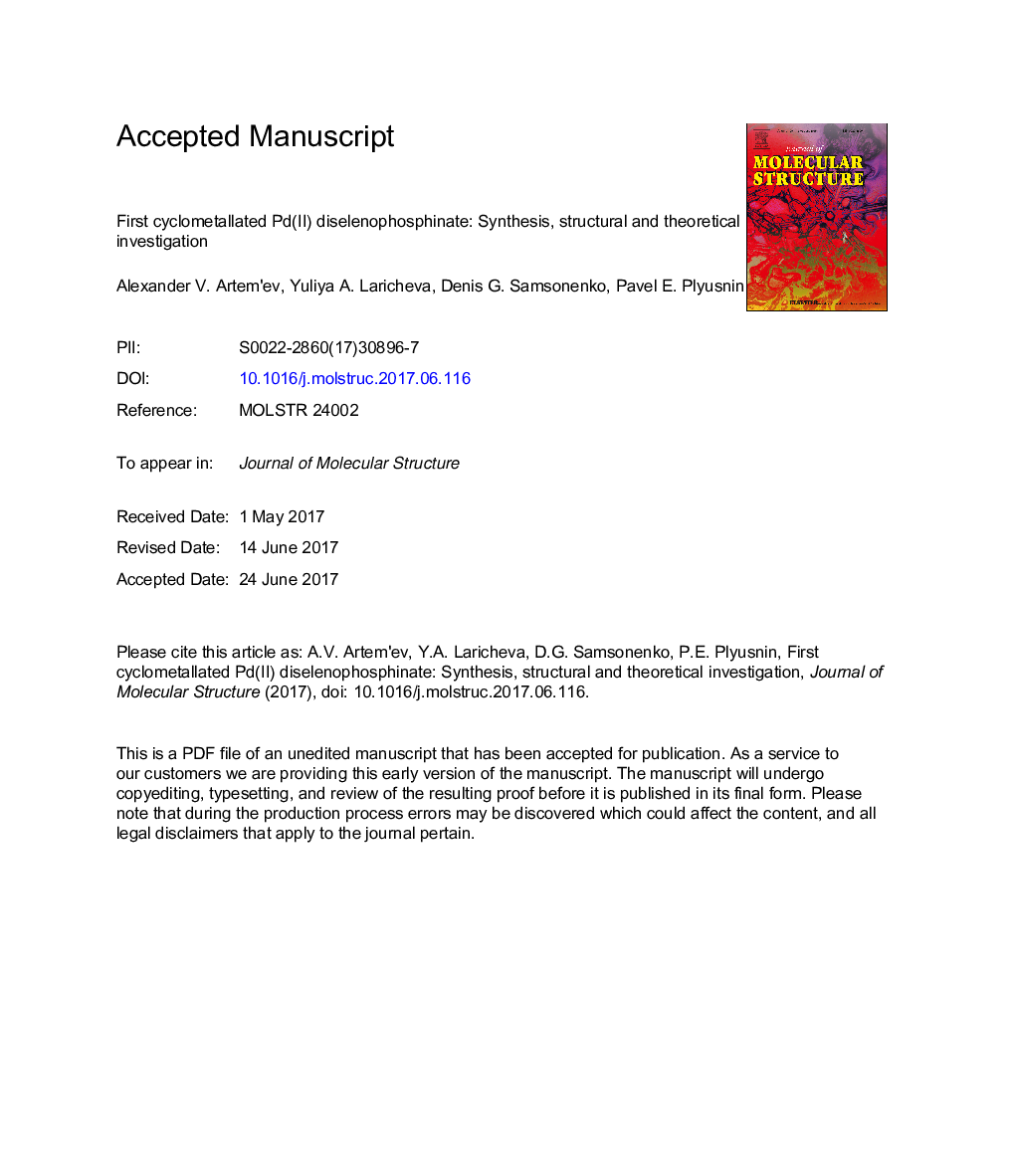 First cyclometallated Pd(II) diselenophosphinate: Synthesis, structural and theoretical investigation