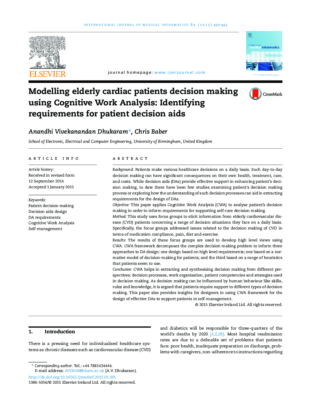 Modelling elderly cardiac patients decision making using Cognitive Work Analysis: Identifying requirements for patient decision aids