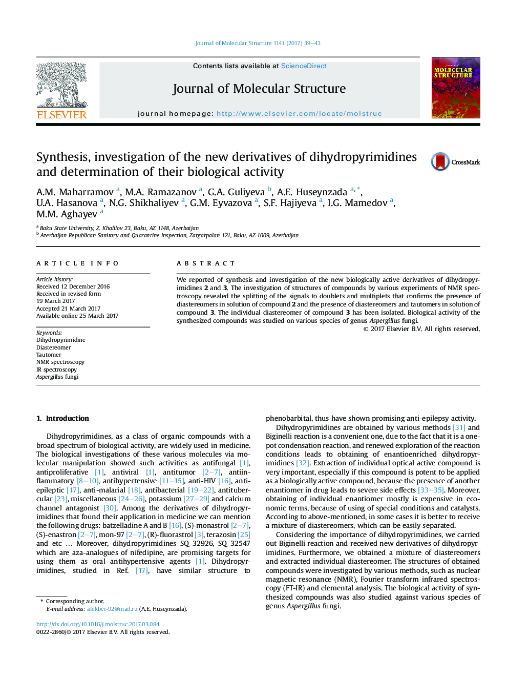 Synthesis, investigation of the new derivatives of dihydropyrimidines and determination of their biological activity