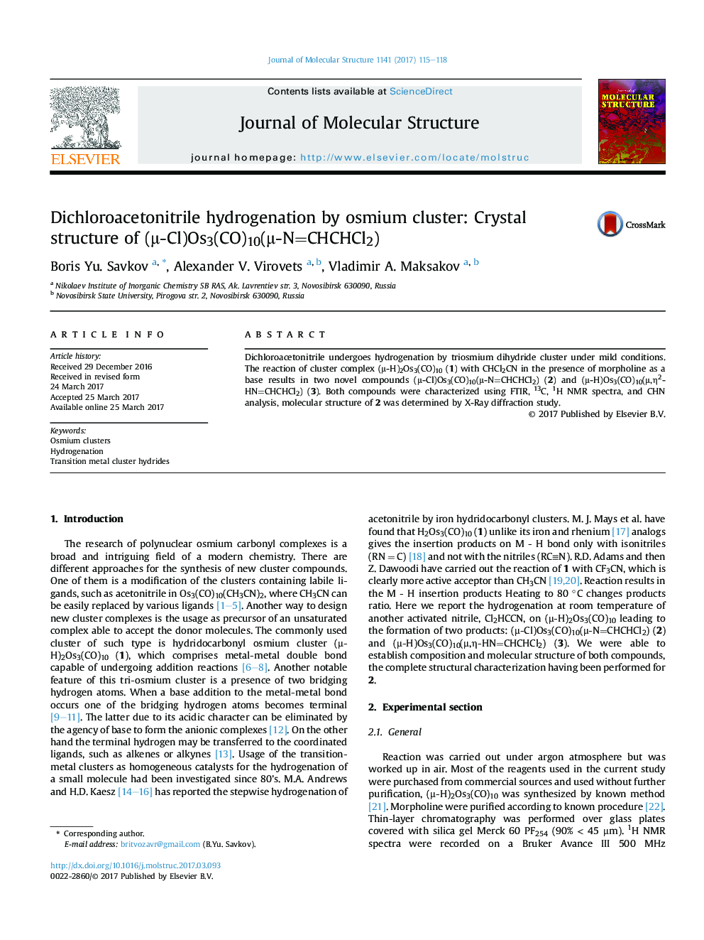 Dichloroacetonitrile hydrogenation by osmium cluster: Crystal structure of (Î¼-Cl)Os3(CO)10(Î¼-N=CHCHCl2)