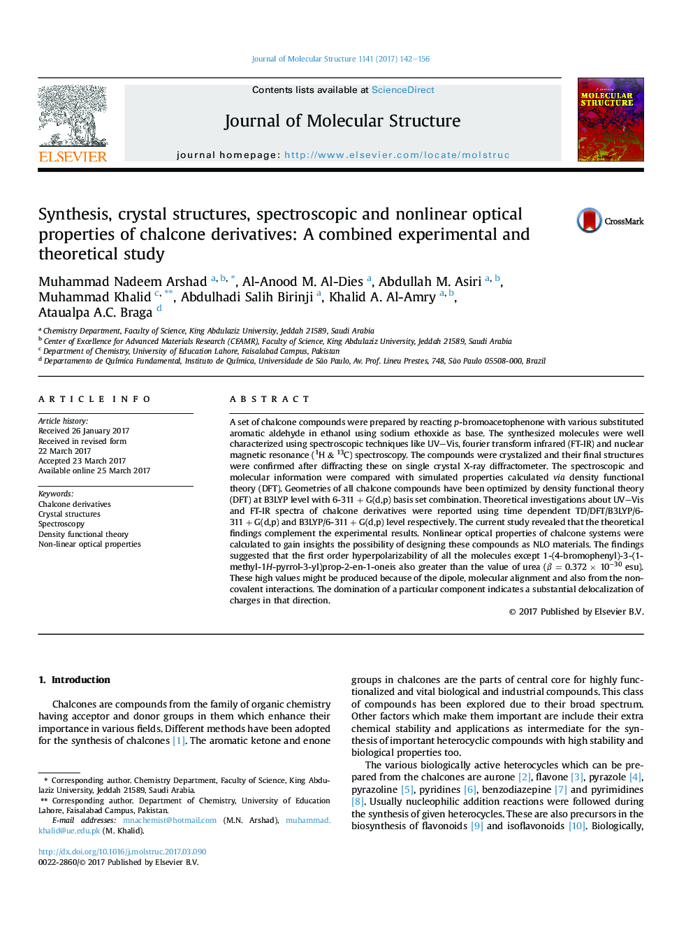 Synthesis, crystal structures, spectroscopic and nonlinear optical properties of chalcone derivatives: A combined experimental and theoretical study