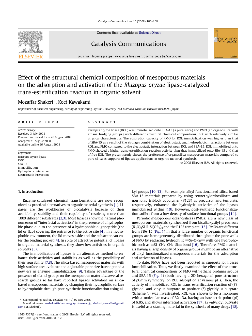 Effect of the structural chemical composition of mesoporous materials on the adsorption and activation of the Rhizopus oryzae lipase-catalyzed trans-esterification reaction in organic solvent