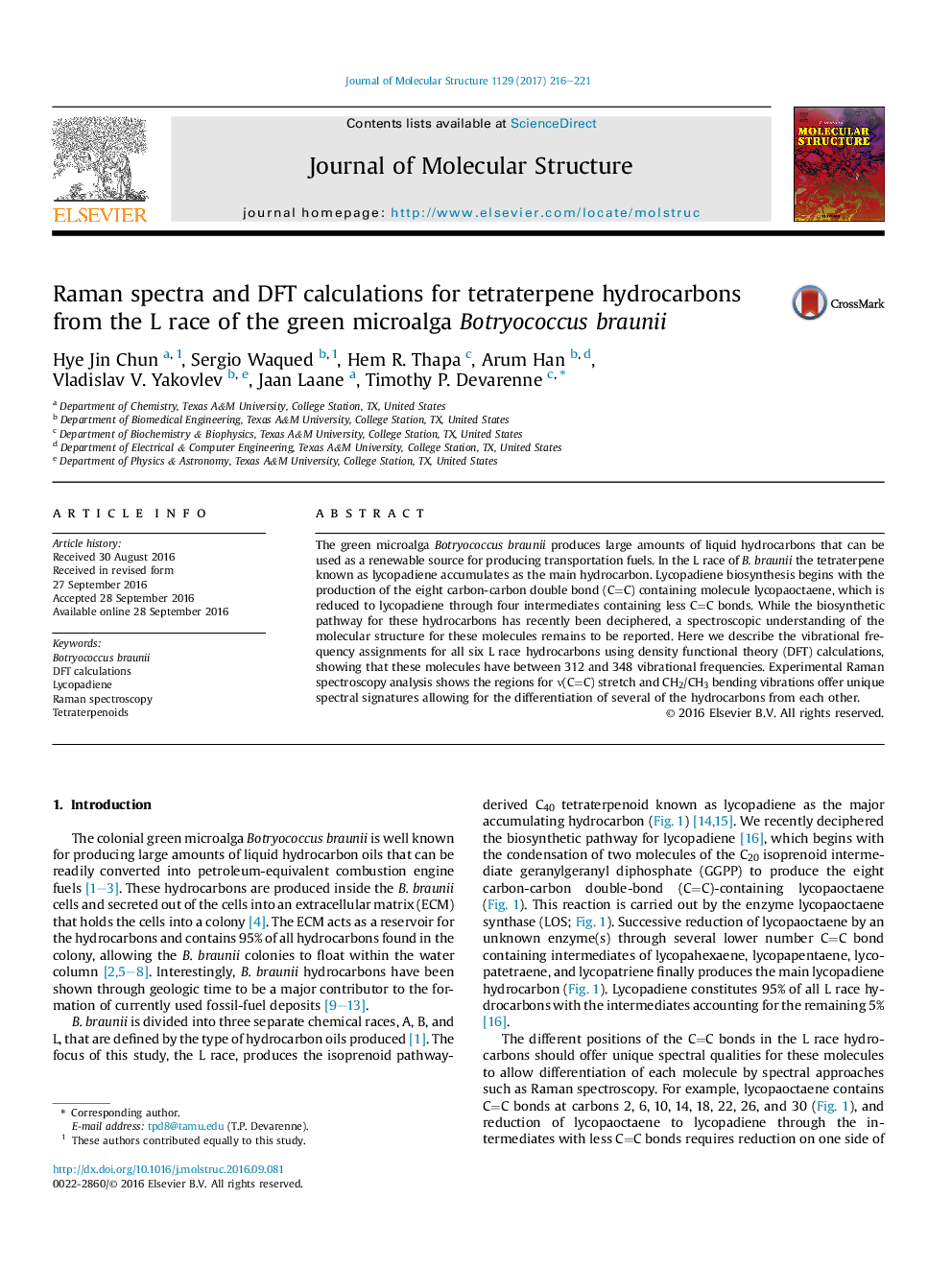 Raman spectra and DFT calculations for tetraterpene hydrocarbons from the L race of the green microalga Botryococcus braunii