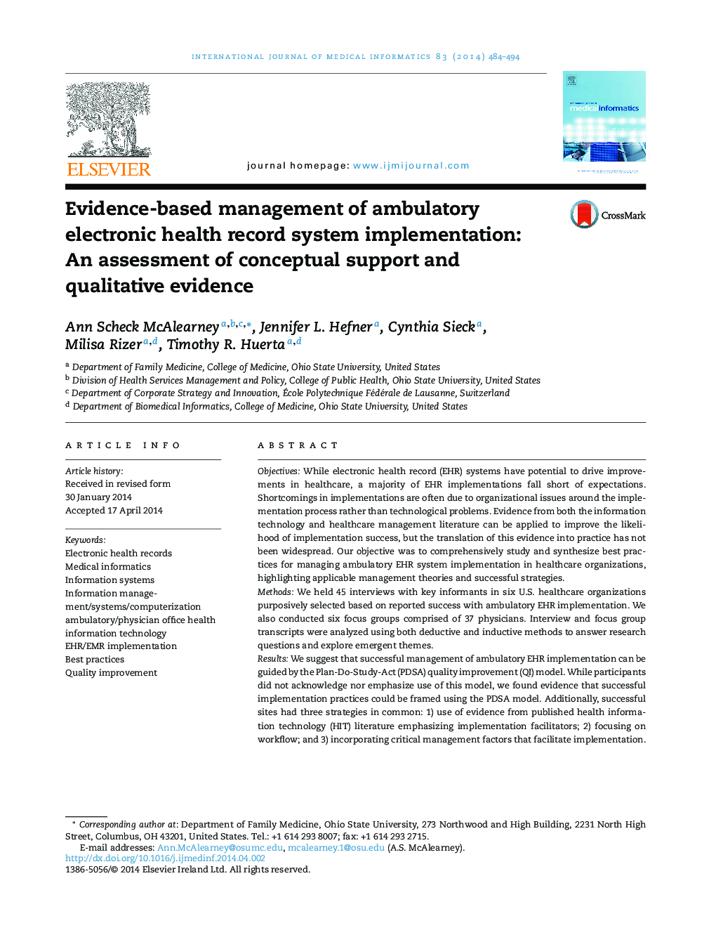 Evidence-based management of ambulatory electronic health record system implementation: An assessment of conceptual support and qualitative evidence