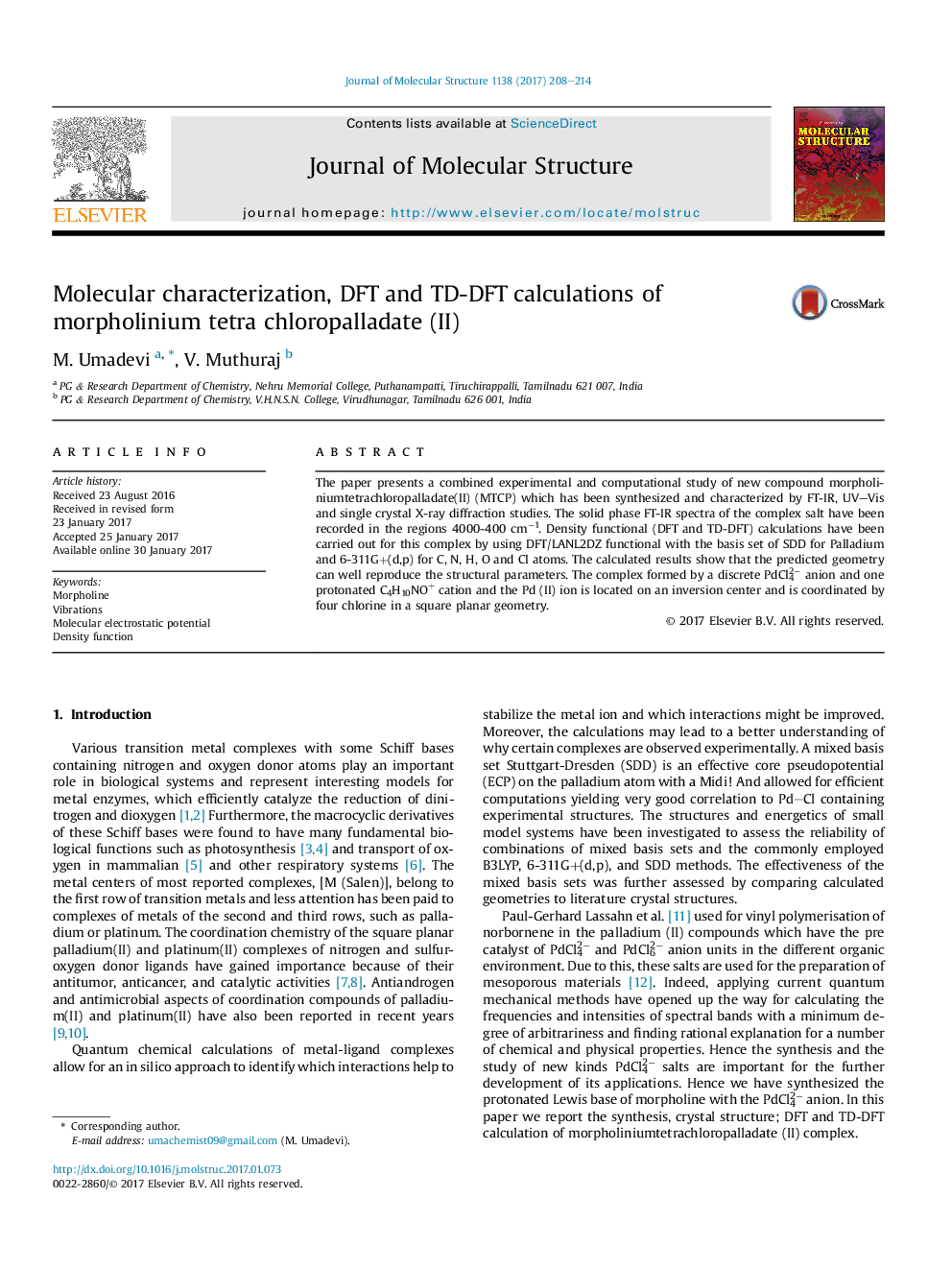 Molecular characterization, DFT and TD-DFT calculations of morpholinium tetra chloropalladate (II)