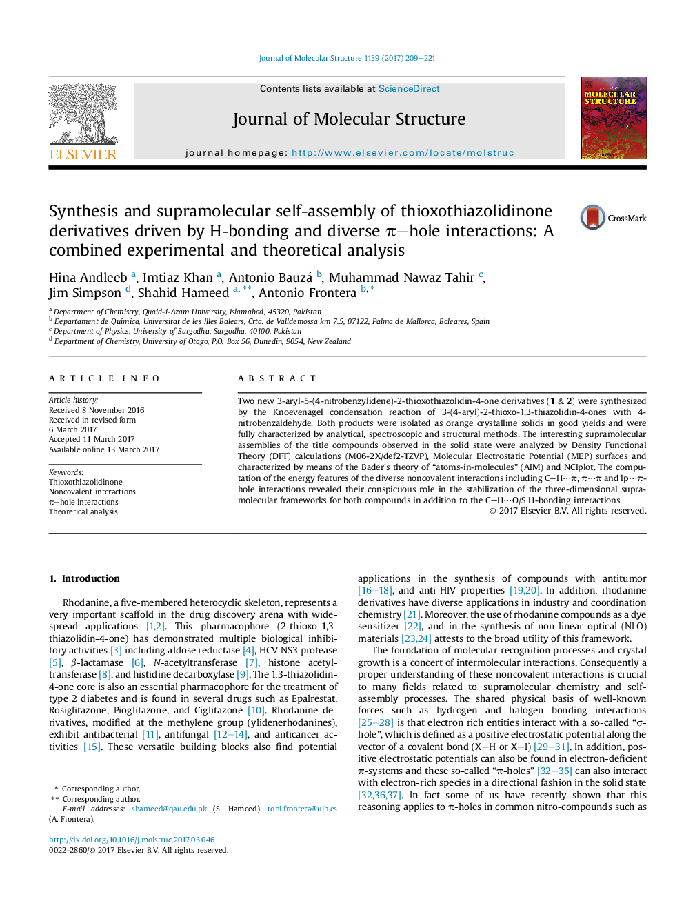 Synthesis and supramolecular self-assembly of thioxothiazolidinone derivatives driven by H-bonding and diverse Ï-hole interactions: A combined experimental and theoretical analysis