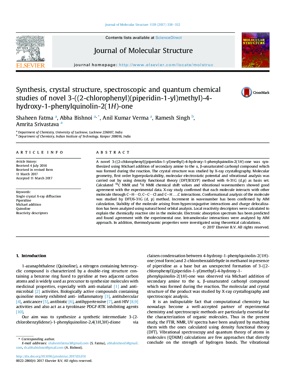 Synthesis, crystal structure, spectroscopic and quantum chemical studies of novel 3-((2-chlorophenyl)(piperidin-1-yl)methyl)-4-hydroxy-1-phenylquinolin-2(1H)-one