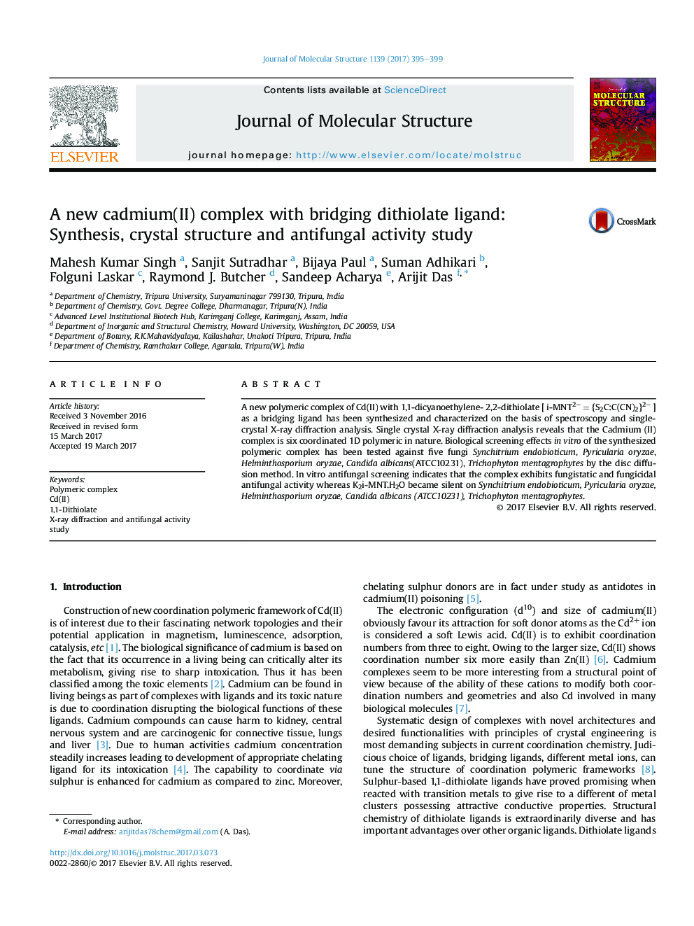 A new cadmium(II) complex with bridging dithiolate ligand: Synthesis, crystal structure and antifungal activity study