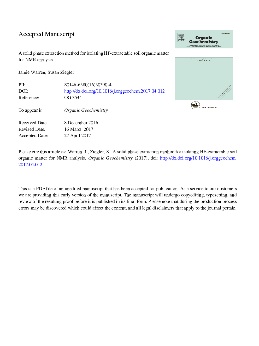 A solid phase extraction method for isolating HF-extractable soil organic matter for NMR analysis