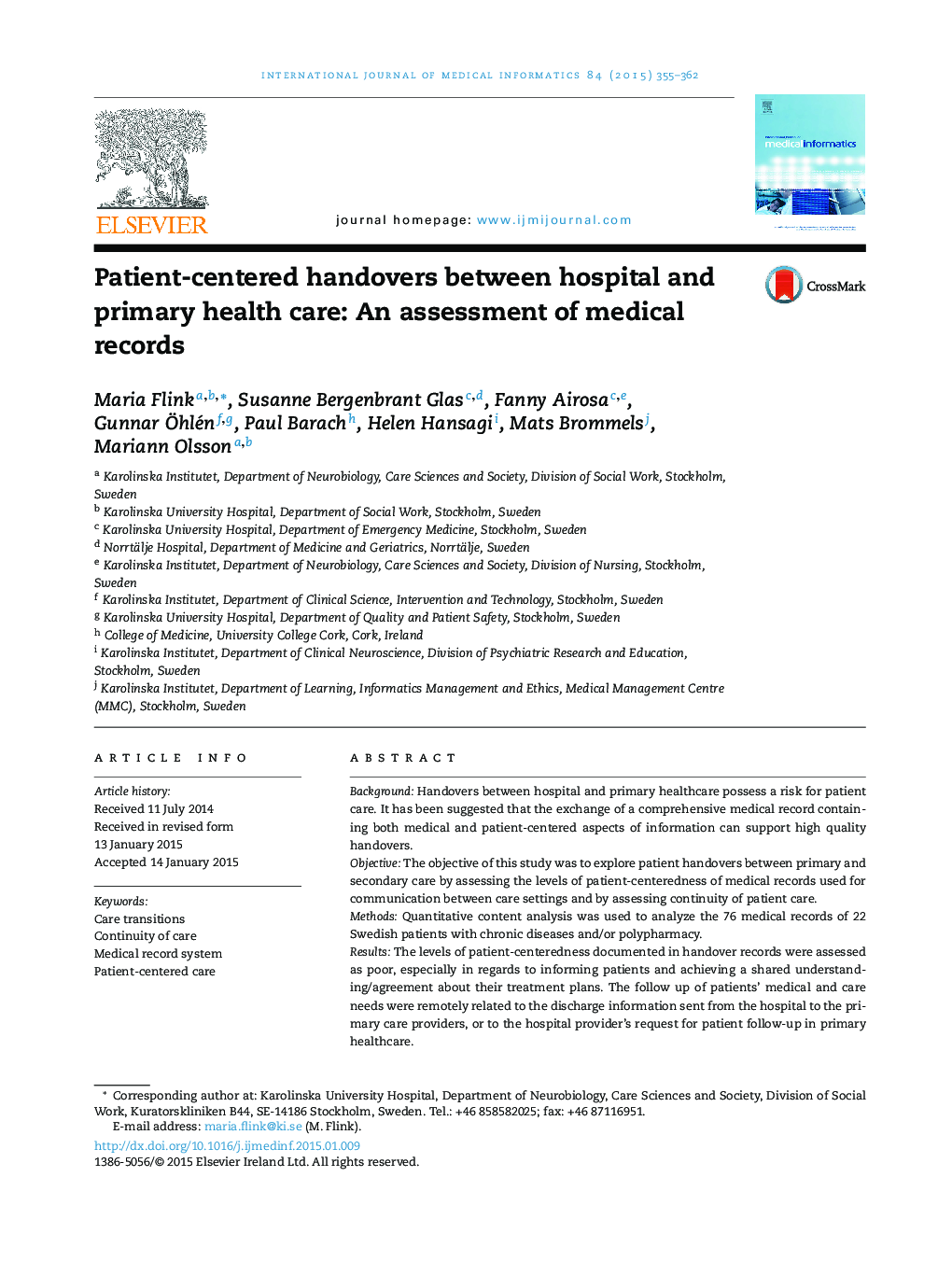 Patient-centered handovers between hospital and primary health care: An assessment of medical records