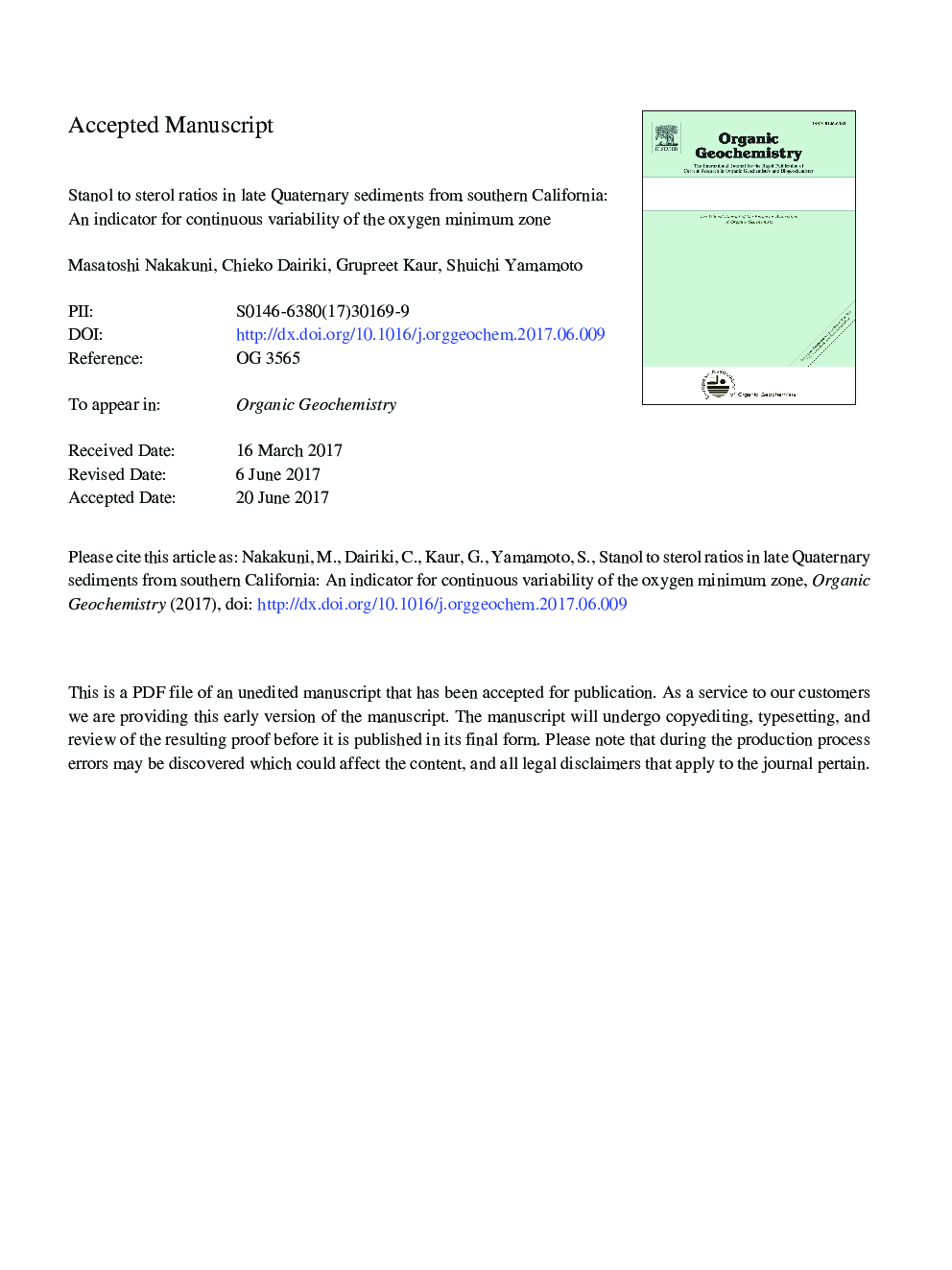 استنول به نسبت استرول در اواخر رسوبات کواترنری از جنوب کالیفرنیا: شاخص تغییرات مداوم منطقه اکسیژن حداقل 