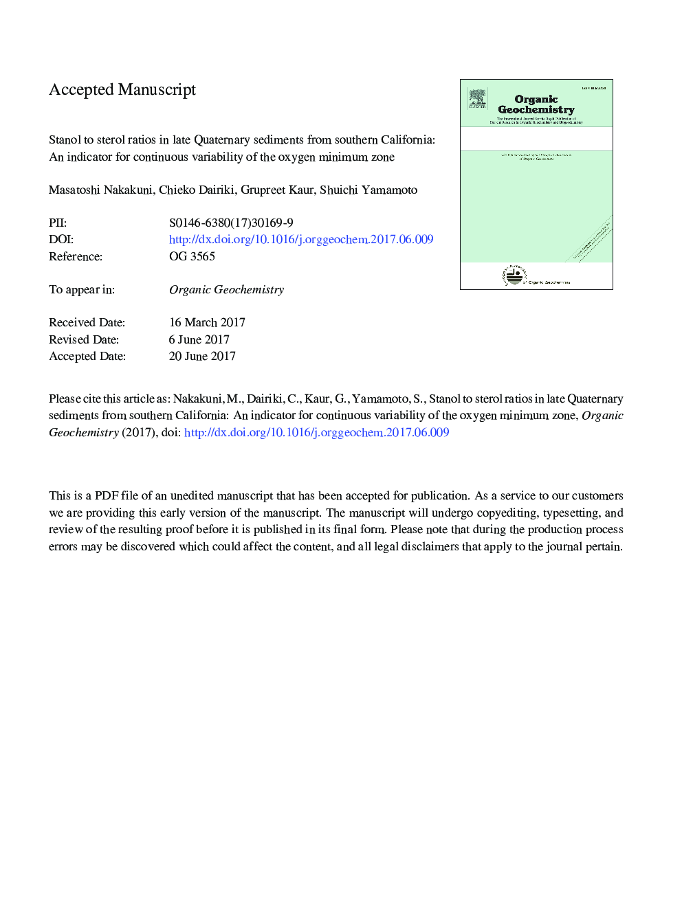 Stanol to sterol ratios in late Quaternary sediments from southern California: An indicator for continuous variability of the oxygen minimum zone