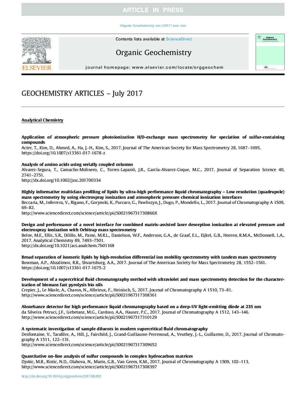 GEOCHEMISTRY ARTICLES - July 2017