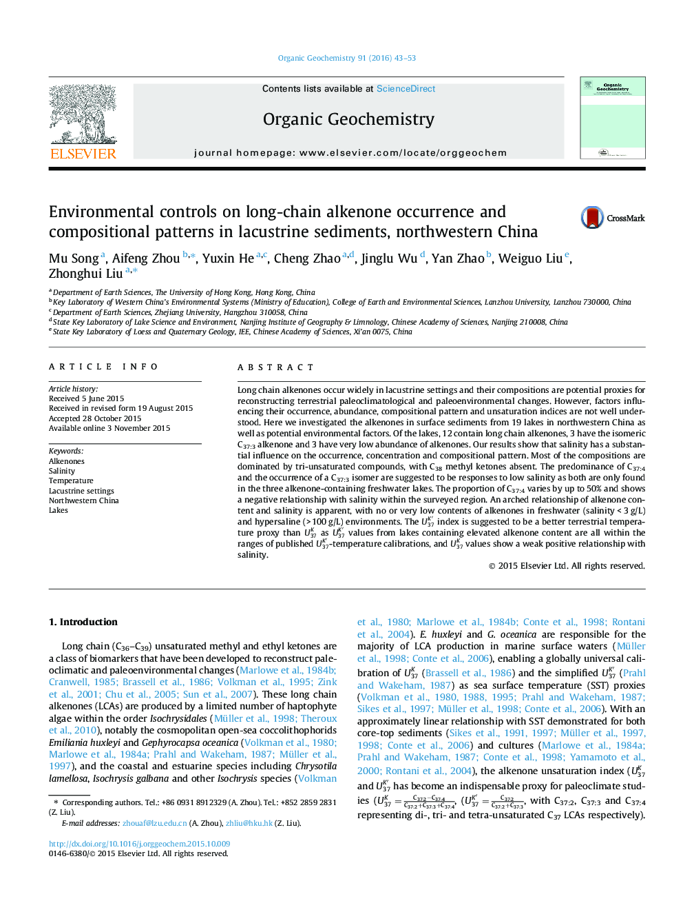 Environmental controls on long-chain alkenone occurrence and compositional patterns in lacustrine sediments, northwestern China