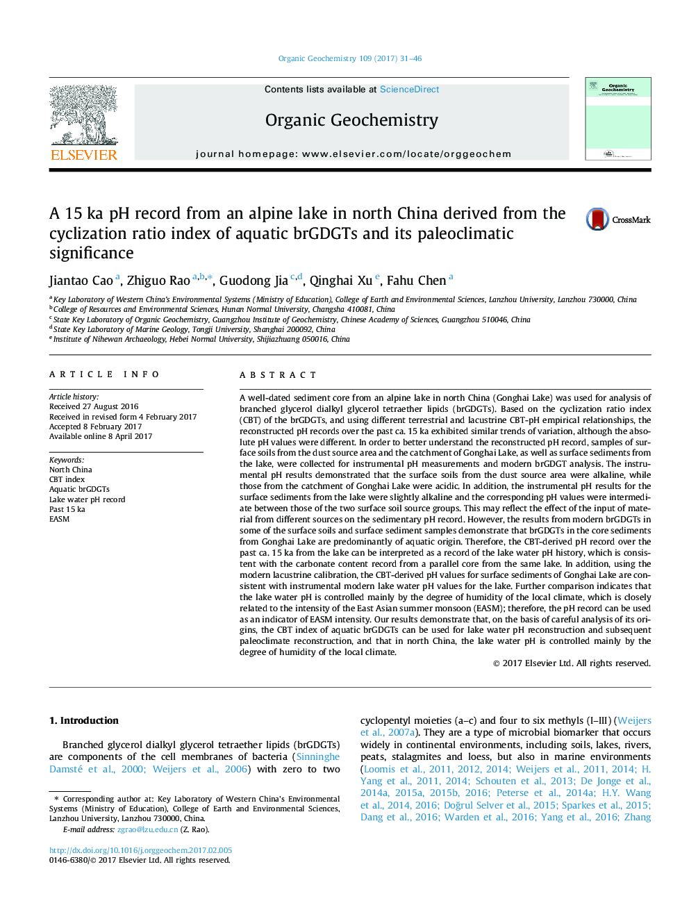 A 15Â ka pH record from an alpine lake in north China derived from the cyclization ratio index of aquatic brGDGTs and its paleoclimatic significance