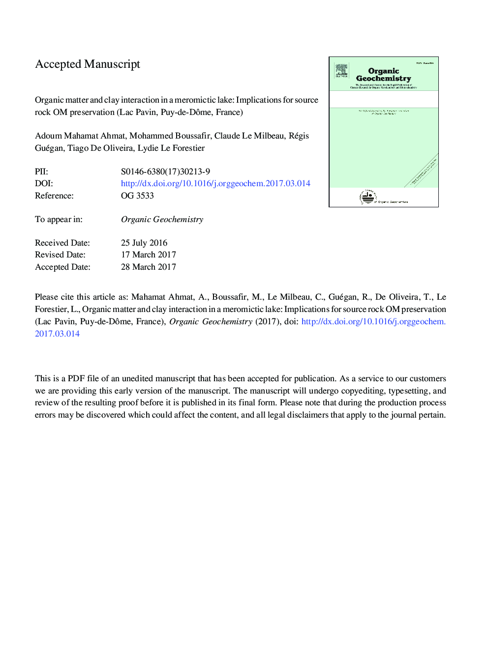 Organic matter and clay interaction in a meromictic lake: Implications for source rock OM preservation (Lac Pavin, Puy-de-DÃ´me, France)