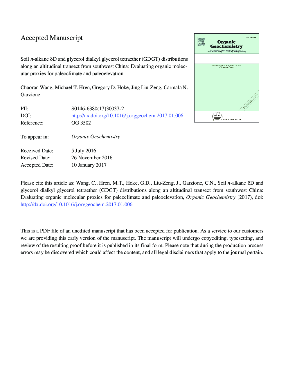 Soil n-alkane Î´D and glycerol dialkyl glycerol tetraether (GDGT) distributions along an altitudinal transect from southwest China: Evaluating organic molecular proxies for paleoclimate and paleoelevation