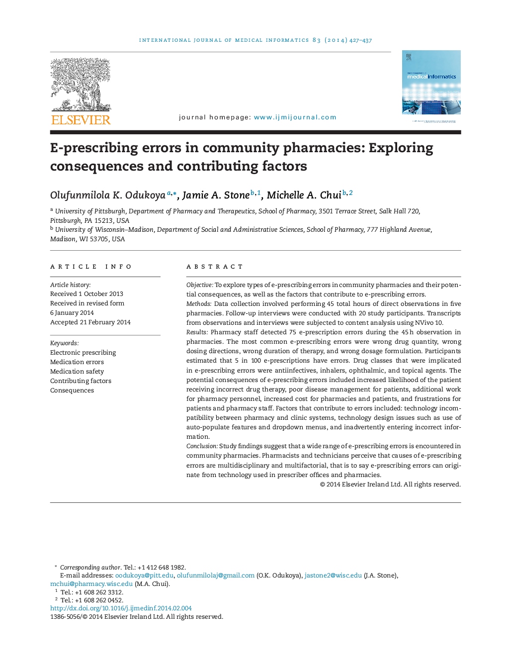 E-prescribing errors in community pharmacies: Exploring consequences and contributing factors