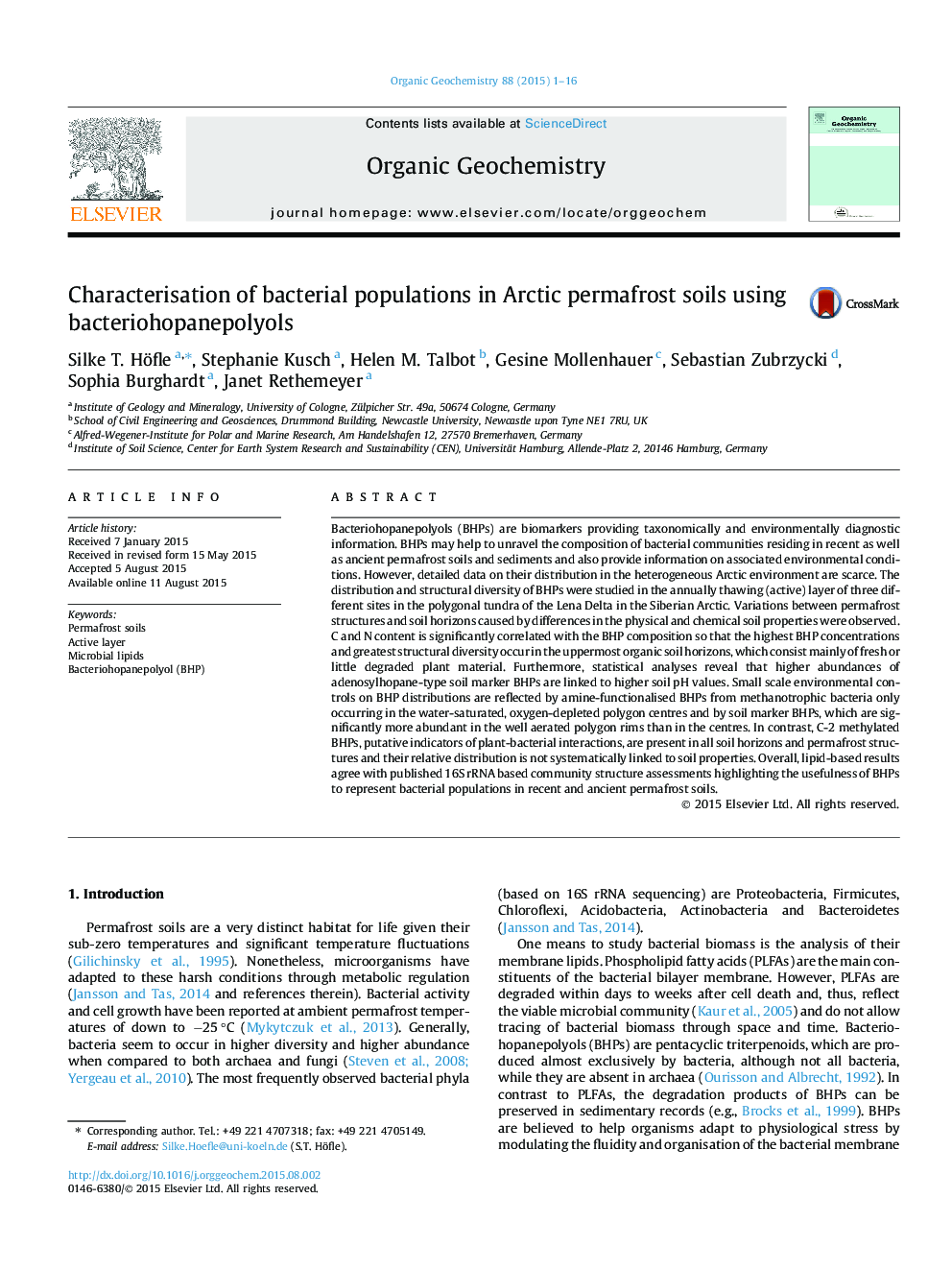 Characterisation of bacterial populations in Arctic permafrost soils using bacteriohopanepolyols