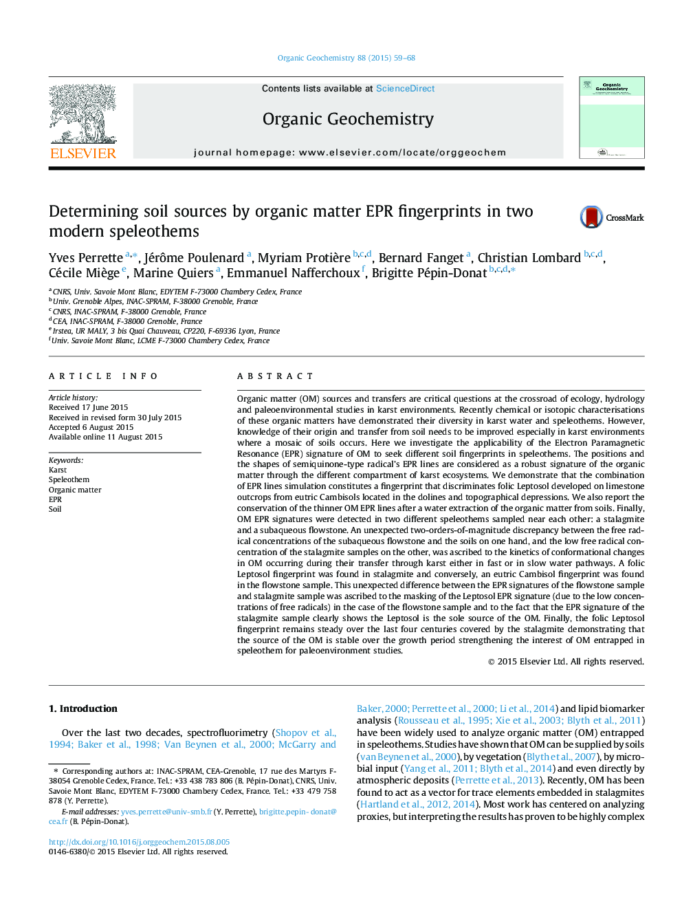 Determining soil sources by organic matter EPR fingerprints in two modern speleothems