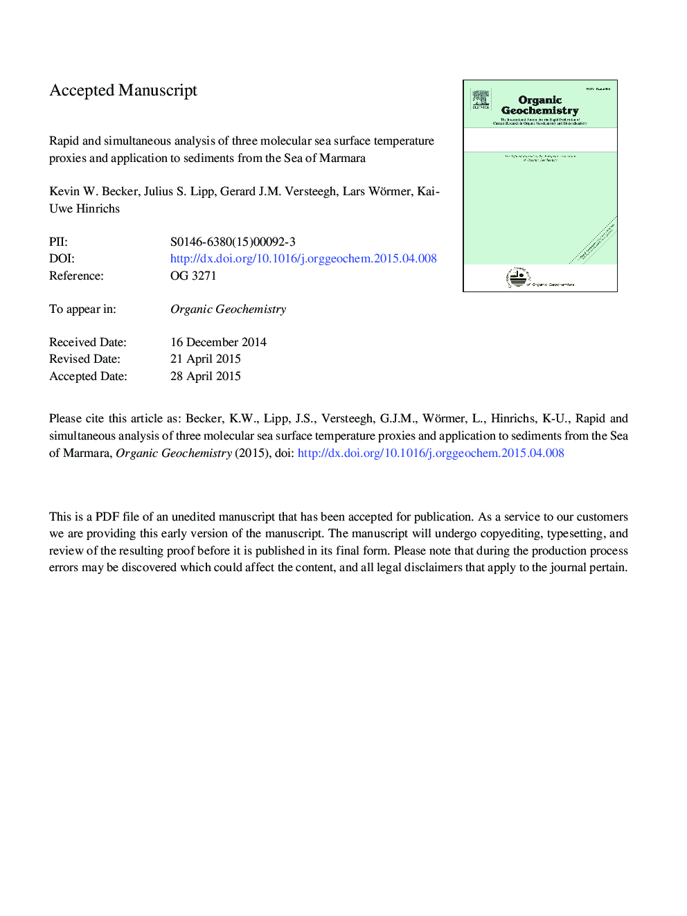 Rapid and simultaneous analysis of three molecular sea surface temperature proxies and application to sediments from the Sea of Marmara