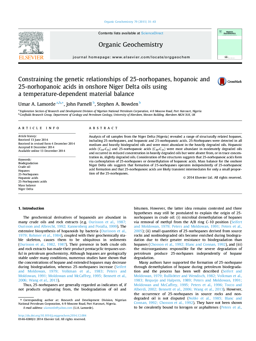 Constraining the genetic relationships of 25-norhopanes, hopanoic and 25-norhopanoic acids in onshore Niger Delta oils using a temperature-dependent material balance