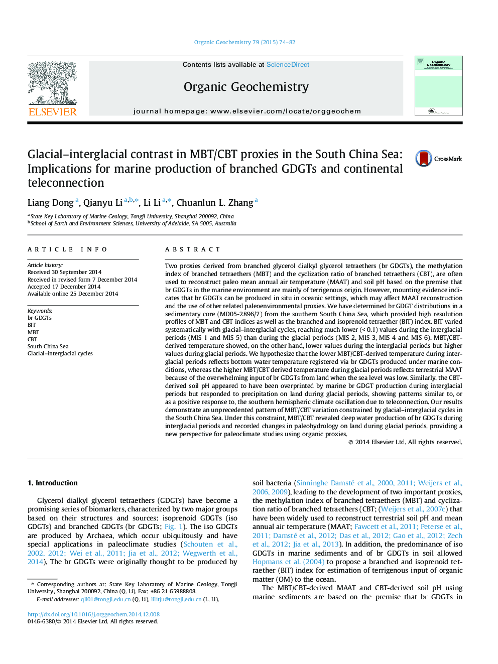 Glacial-interglacial contrast in MBT/CBT proxies in the South China Sea: Implications for marine production of branched GDGTs and continental teleconnection