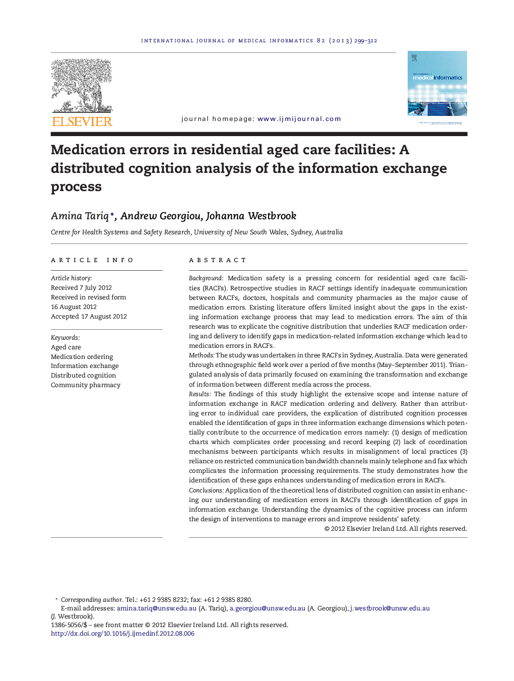 Medication errors in residential aged care facilities: A distributed cognition analysis of the information exchange process