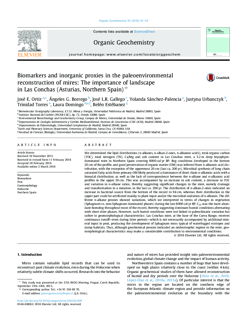 Biomarkers and inorganic proxies in the paleoenvironmental reconstruction of mires: The importance of landscape in Las Conchas (Asturias, Northern Spain)