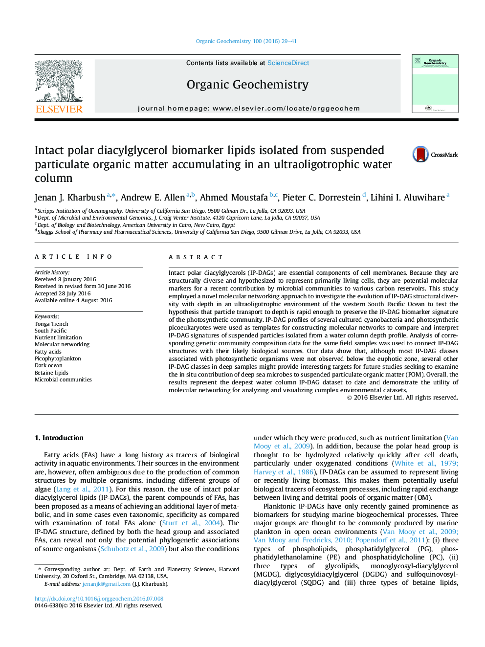 Intact polar diacylglycerol biomarker lipids isolated from suspended particulate organic matter accumulating in an ultraoligotrophic water column