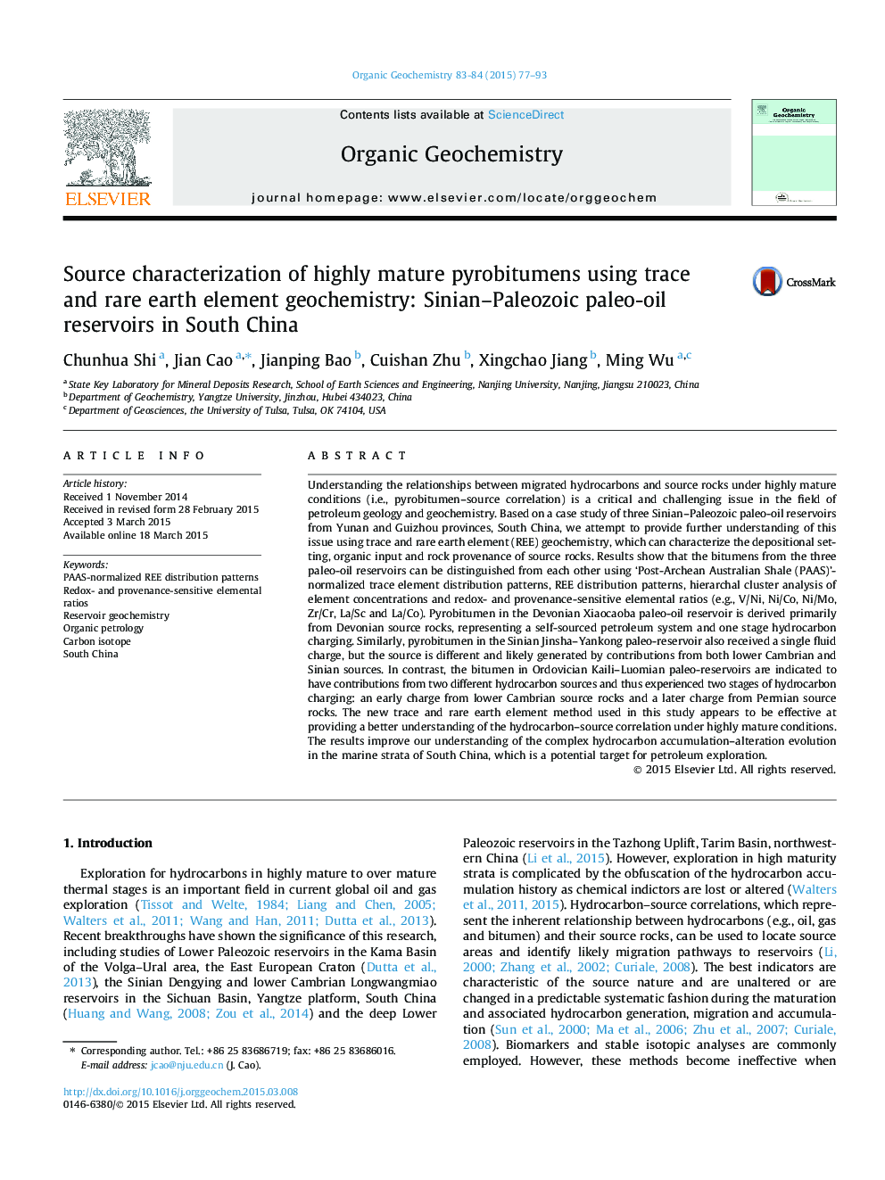 Source characterization of highly mature pyrobitumens using trace and rare earth element geochemistry: Sinian-Paleozoic paleo-oil reservoirs in South China