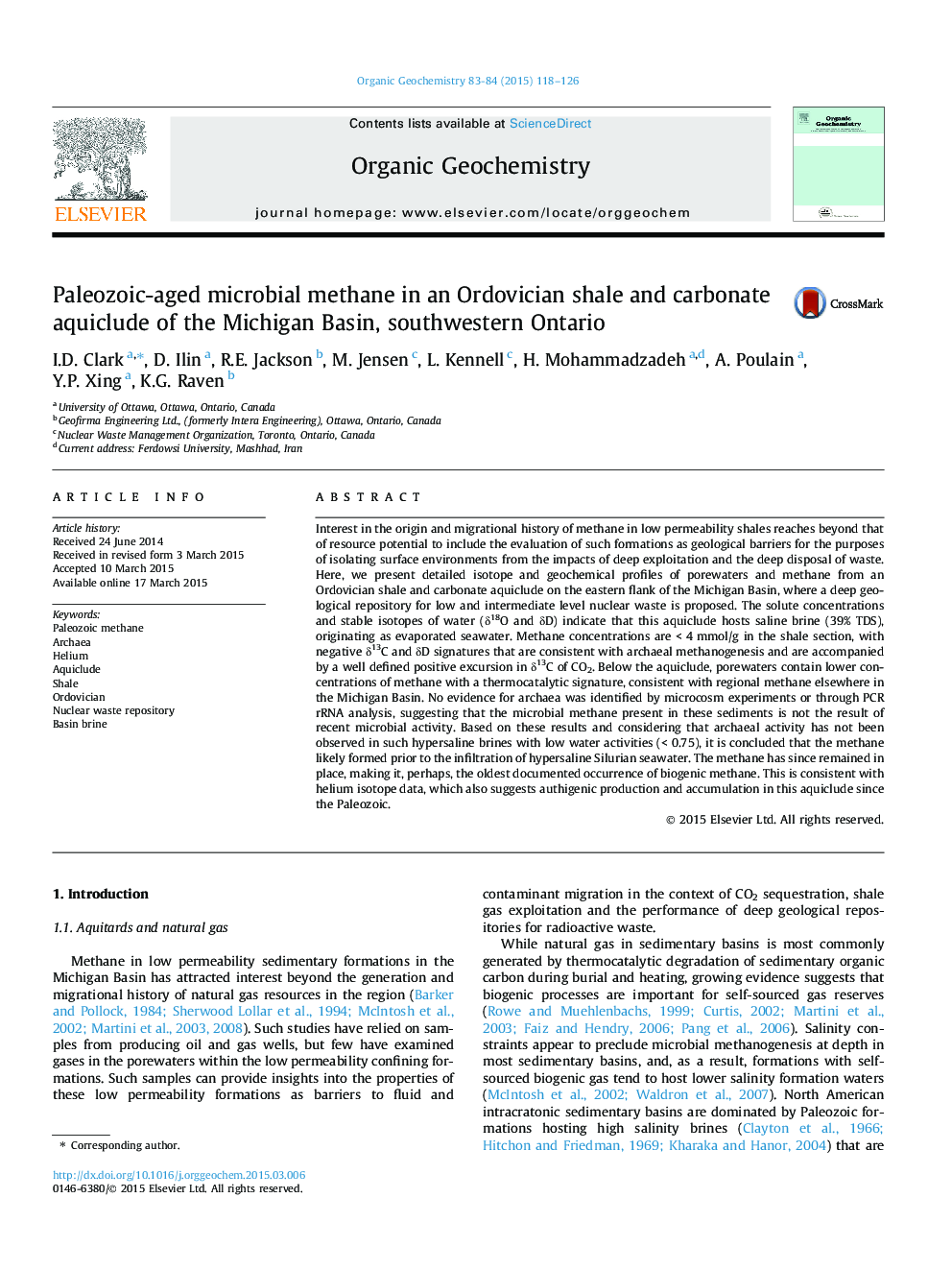 Paleozoic-aged microbial methane in an Ordovician shale and carbonate aquiclude of the Michigan Basin, southwestern Ontario