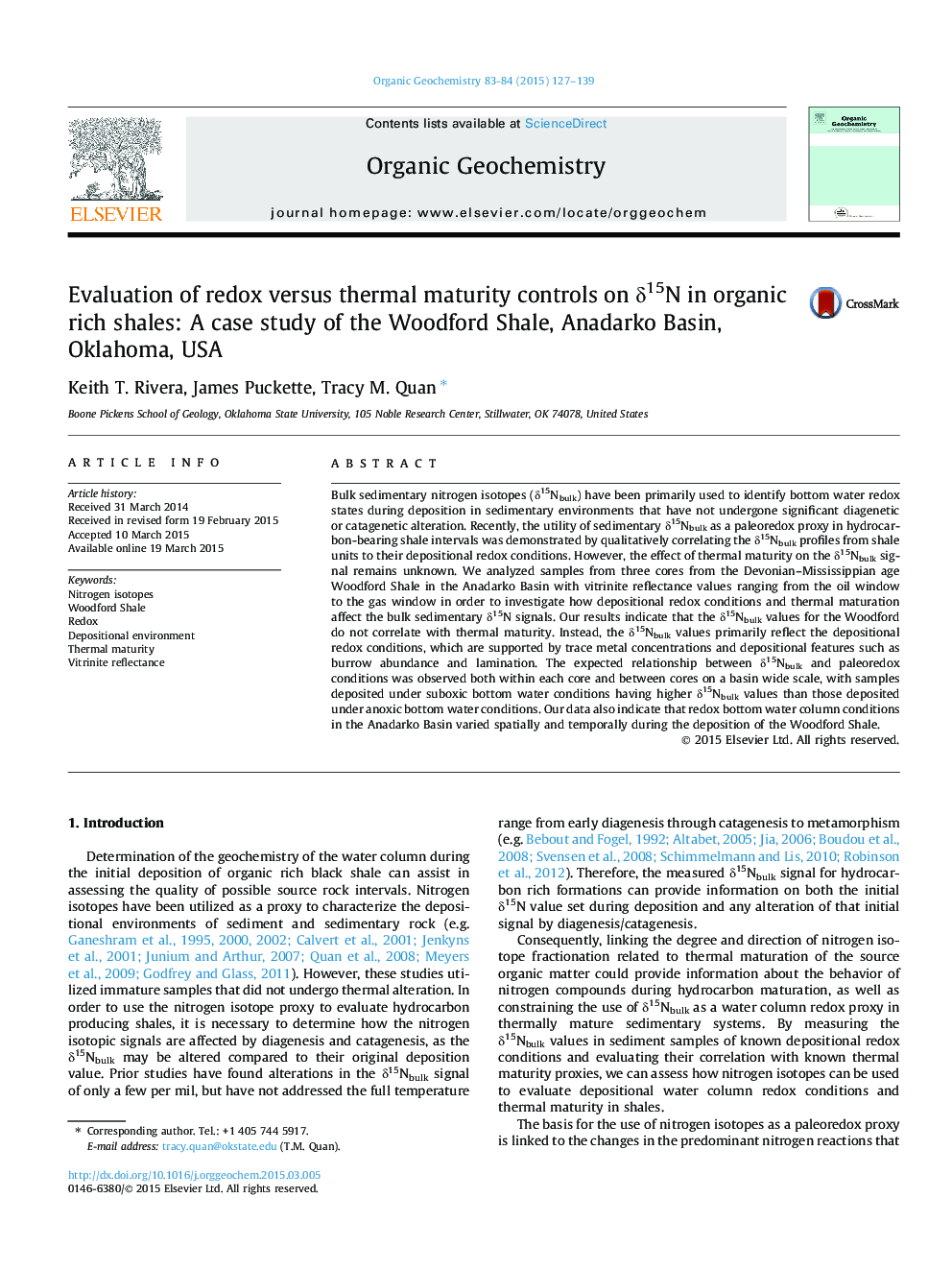 Evaluation of redox versus thermal maturity controls on Î´15N in organic rich shales: A case study of the Woodford Shale, Anadarko Basin, Oklahoma, USA