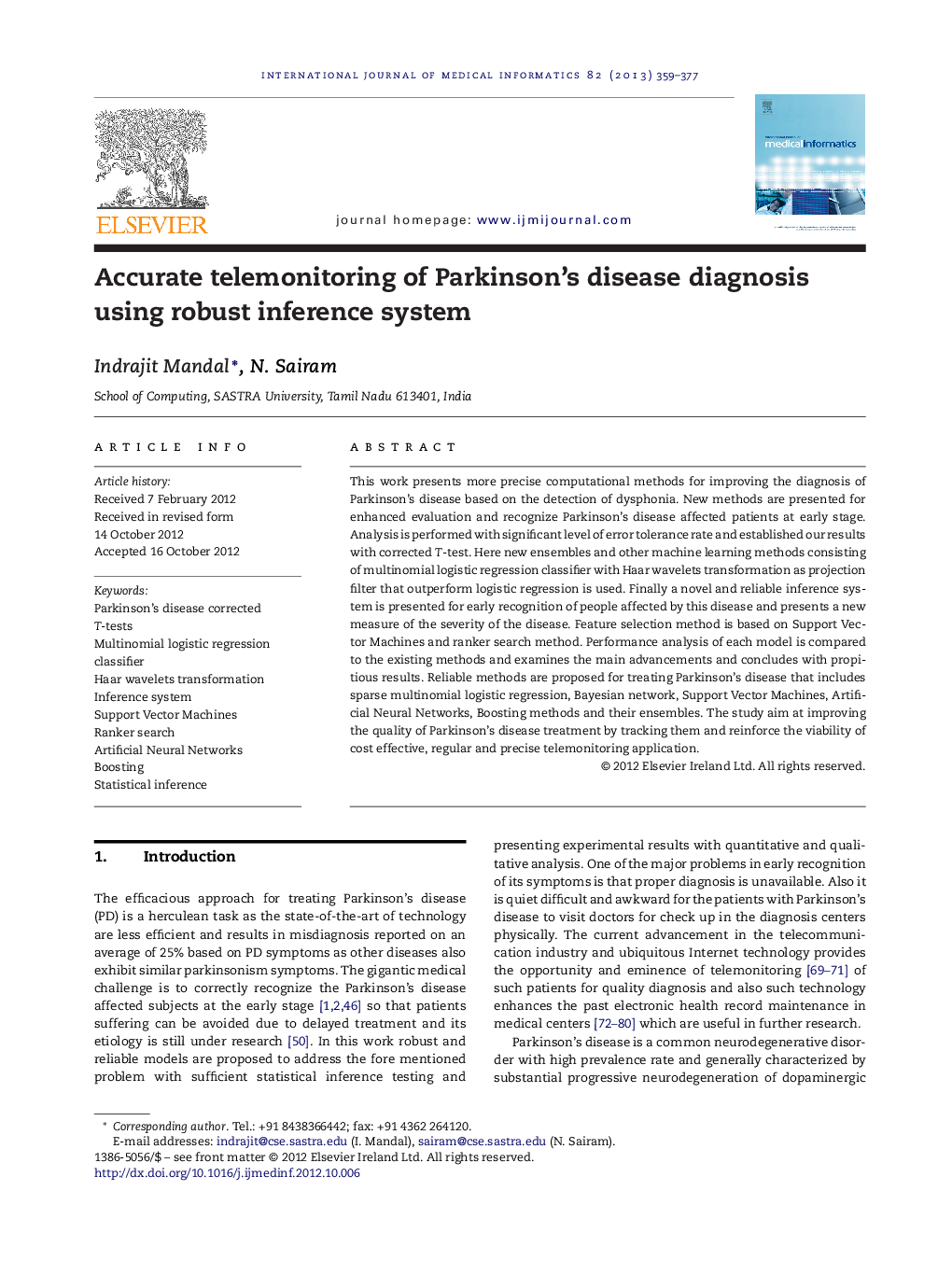 Accurate telemonitoring of Parkinson's disease diagnosis using robust inference system