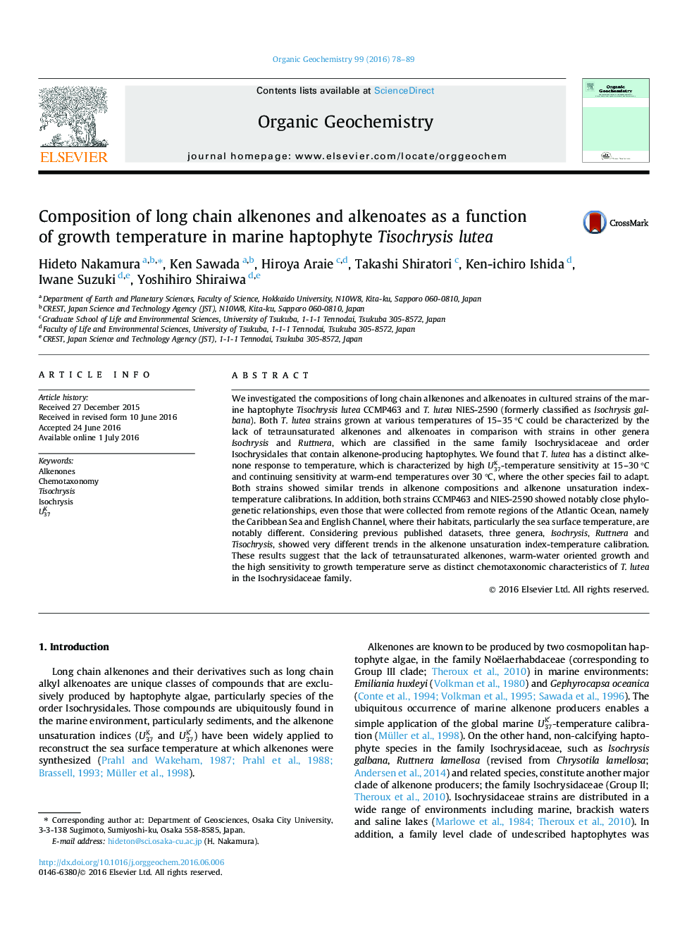 Composition of long chain alkenones and alkenoates as a function of growth temperature in marine haptophyte Tisochrysis lutea