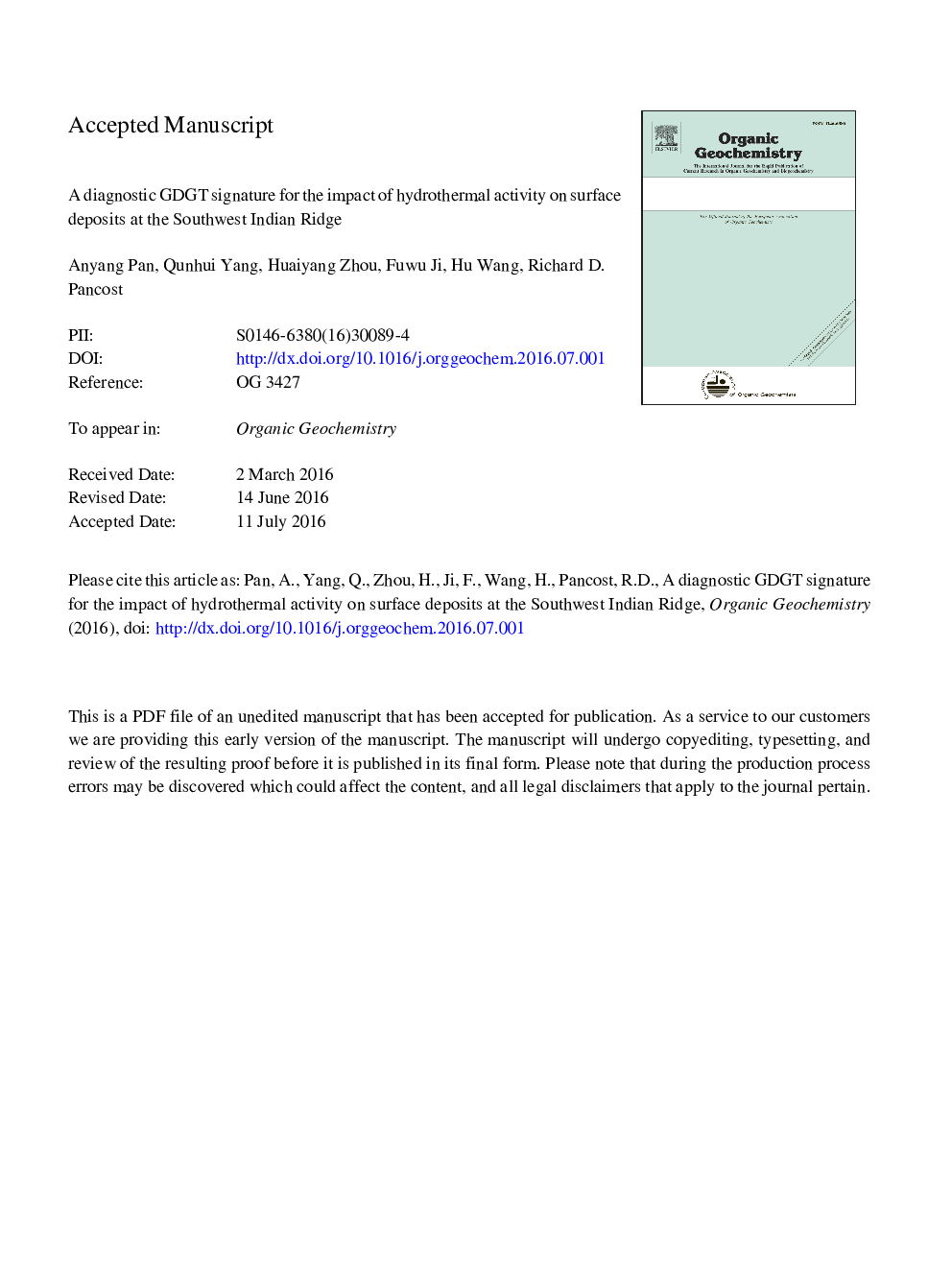 A diagnostic GDGT signature for the impact of hydrothermal activity on surface deposits at the Southwest Indian Ridge