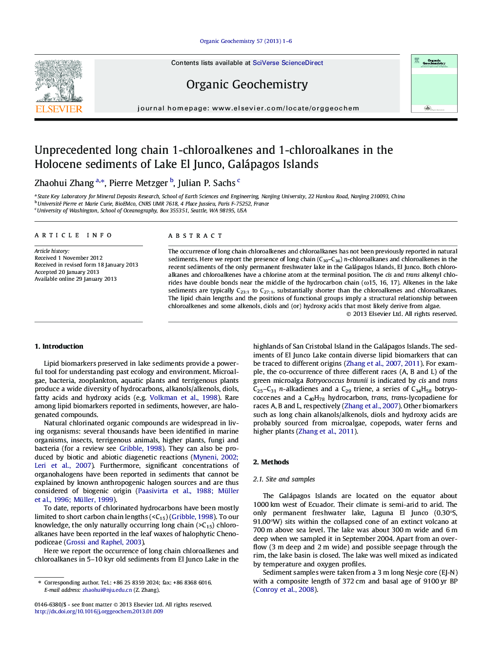 Unprecedented long chain 1-chloroalkenes and 1-chloroalkanes in the Holocene sediments of Lake El Junco, Galápagos Islands