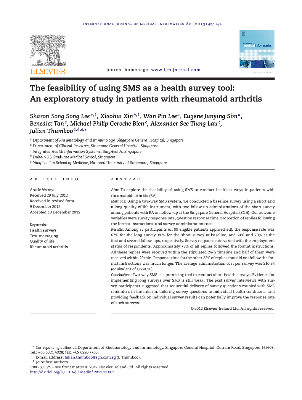 The feasibility of using SMS as a health survey tool: An exploratory study in patients with rheumatoid arthritis