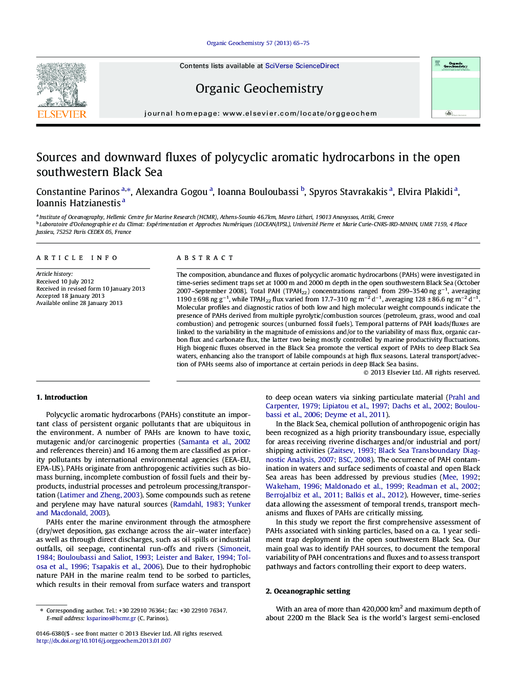 Sources and downward fluxes of polycyclic aromatic hydrocarbons in the open southwestern Black Sea