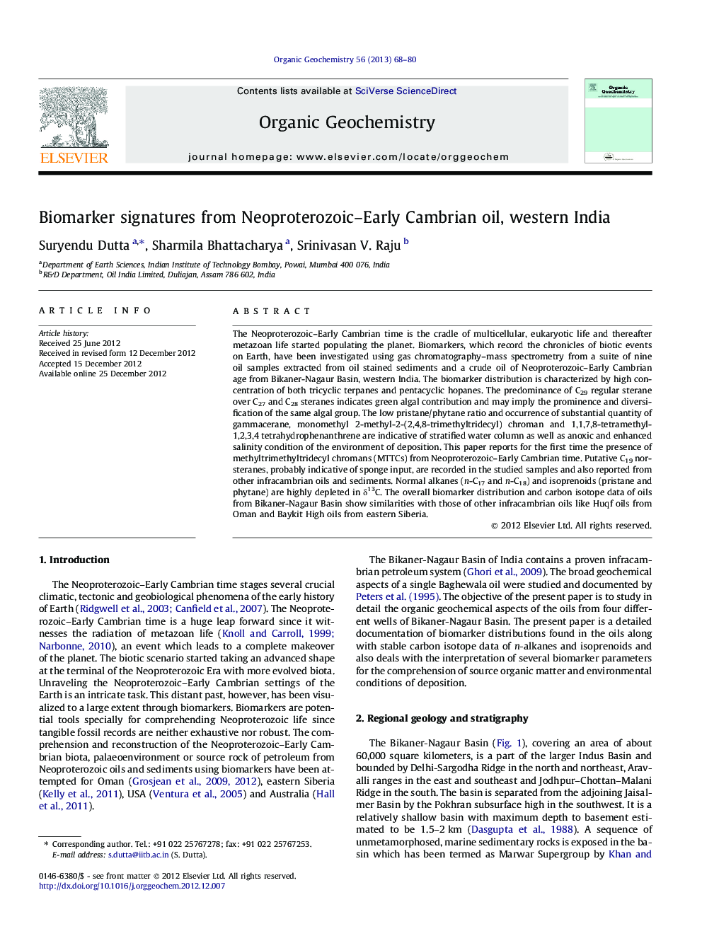 Biomarker signatures from Neoproterozoic-Early Cambrian oil, western India