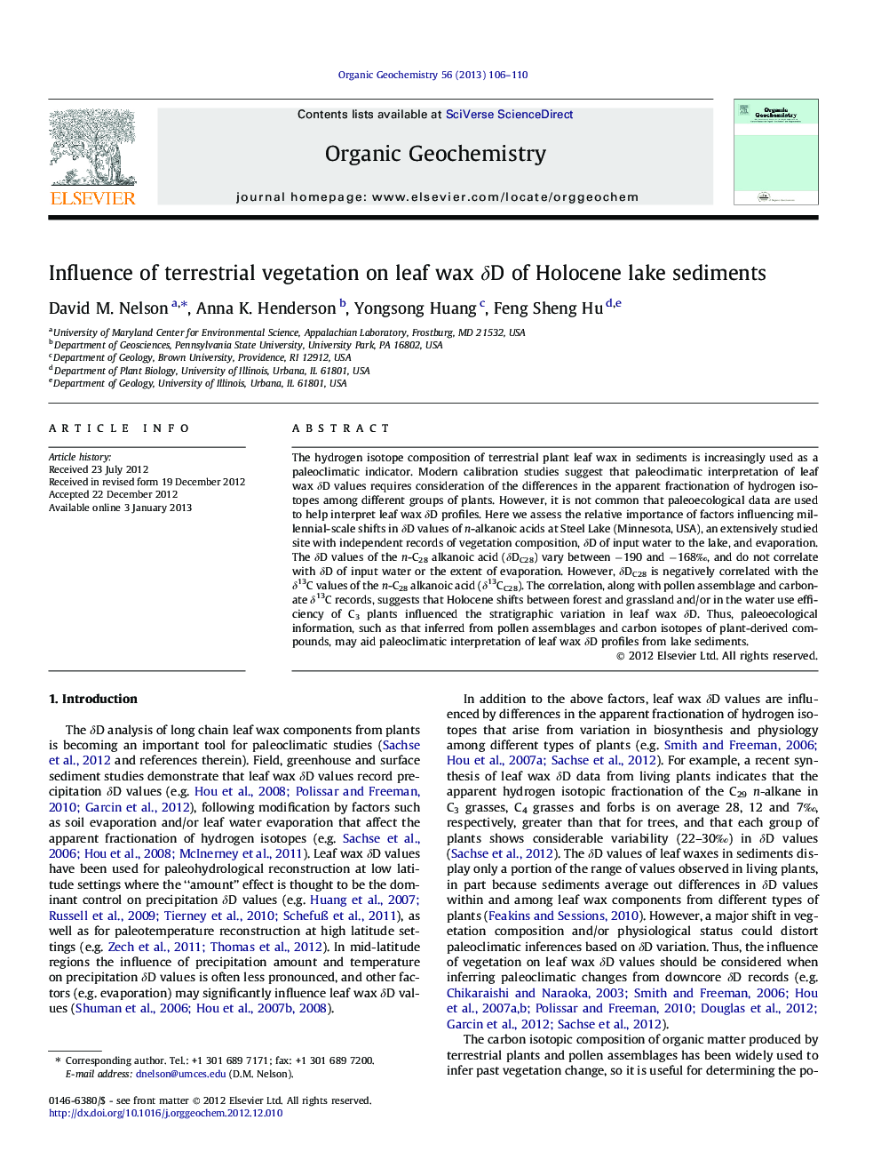Influence of terrestrial vegetation on leaf wax Î´D of Holocene lake sediments