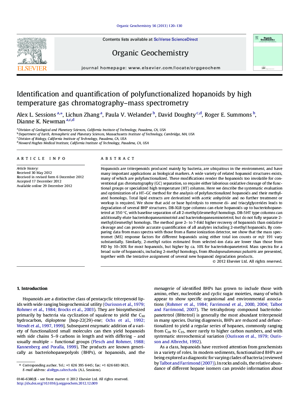 Identification and quantification of polyfunctionalized hopanoids by high temperature gas chromatography-mass spectrometry