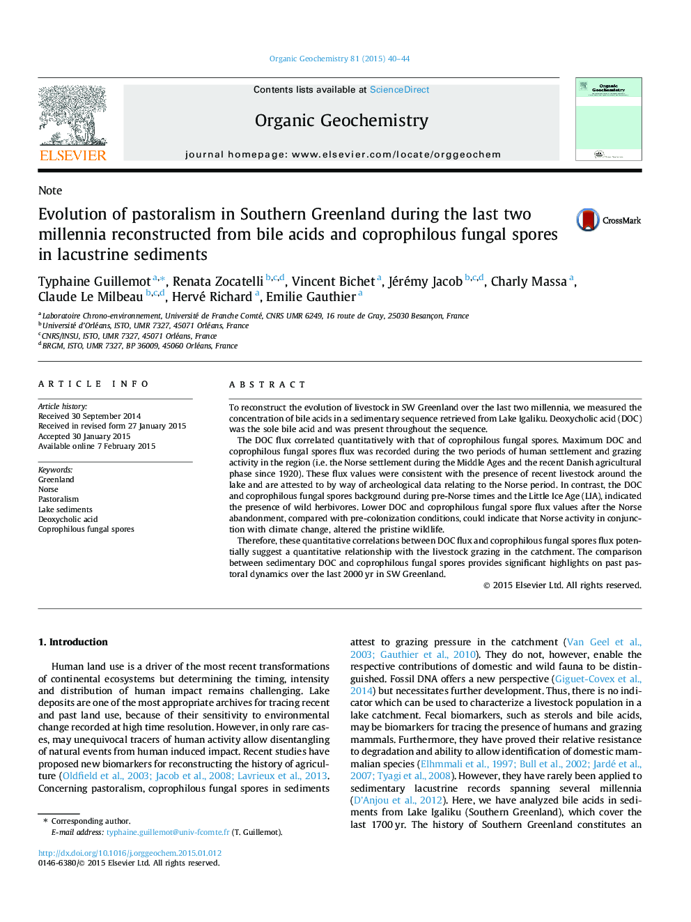 Evolution of pastoralism in Southern Greenland during the last two millennia reconstructed from bile acids and coprophilous fungal spores in lacustrine sediments