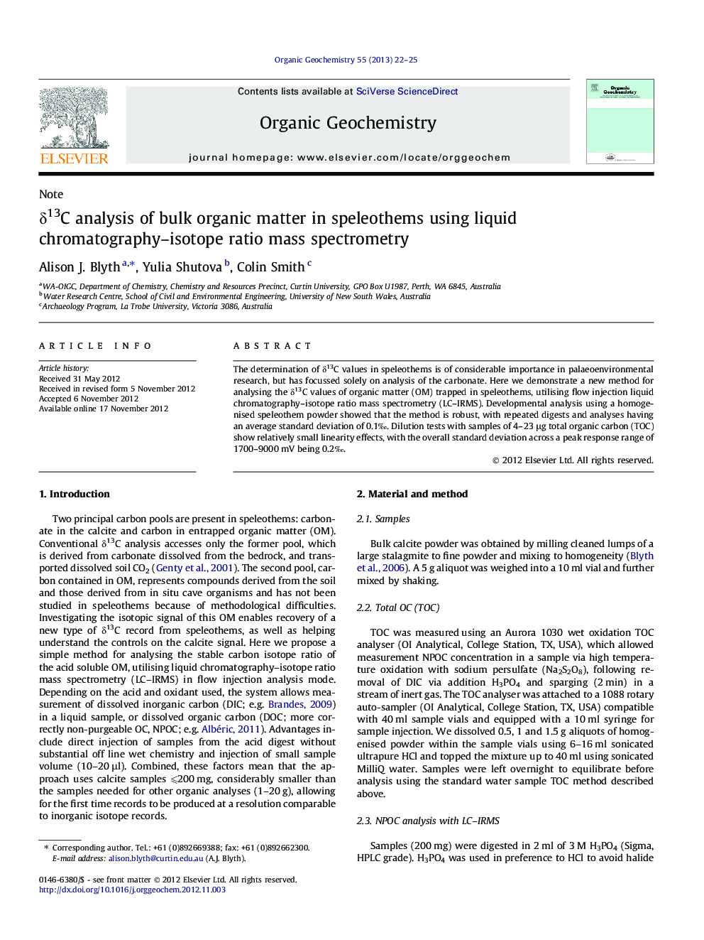 عکس صفحه اول مقاله: δ13C analysis of bulk organic matter in speleothems using liquid chromatography-isotope ratio mass spectrometry δ13C analysis of bulk organic matter in speleothems using liquid chromatography-isotope ratio mass spectrometry