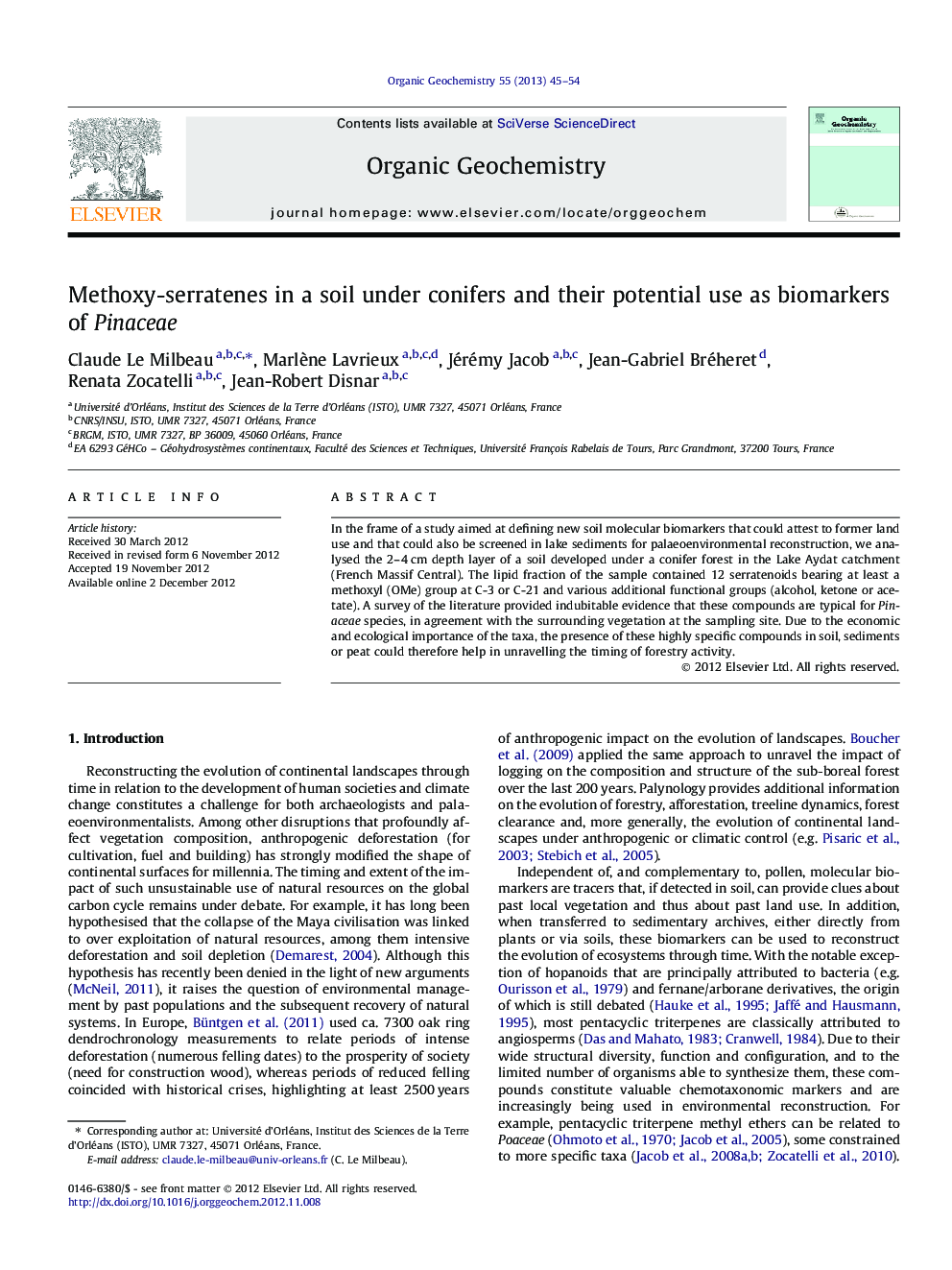 عکس صفحه اول مقاله: Methoxy-serratenes in a soil under conifers and their potential use as biomarkers of Pinaceae Methoxy-serratenes in a soil under conifers and their potential use as biomarkers of Pinaceae