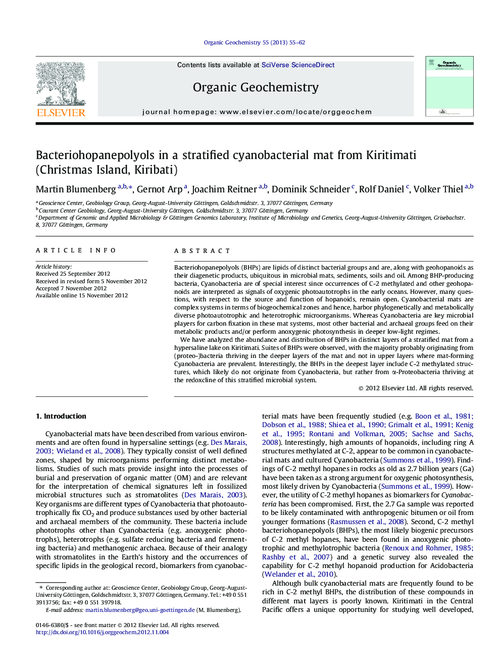 Bacteriohopanepolyols in a stratified cyanobacterial mat from Kiritimati (Christmas Island, Kiribati)